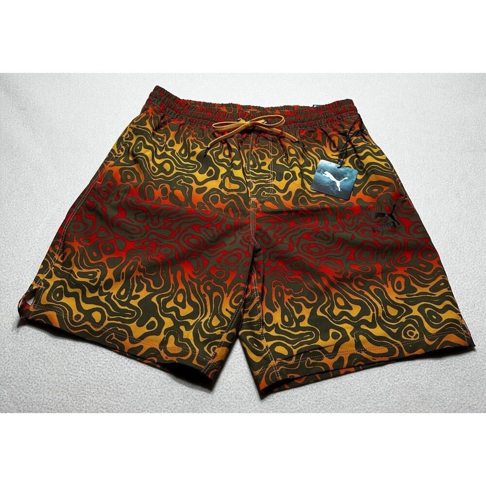 Puma Swim Shorts Trunks Mens Small 7" Colorful Lava Above Knee Geometric NWT New